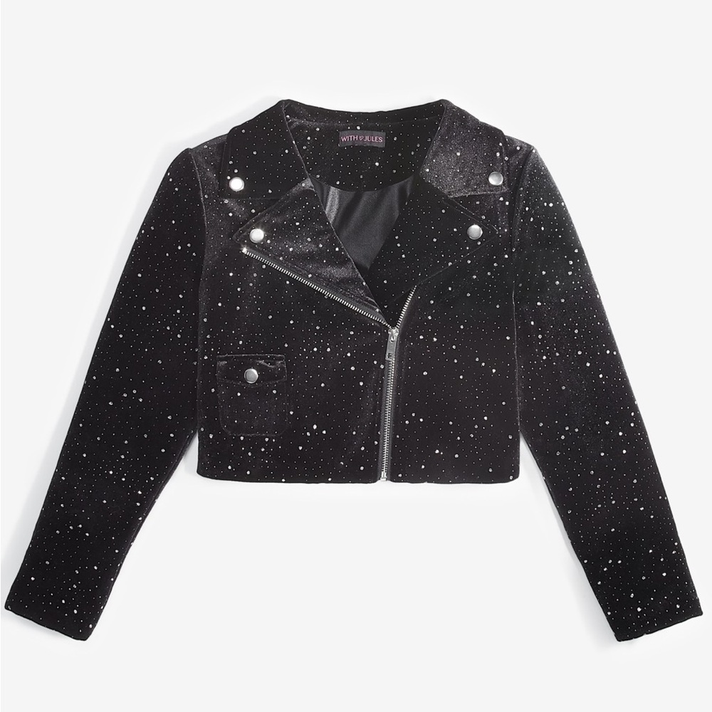 New - With Jules Big Girls Velvet Sparkle Moto Jacket - Black